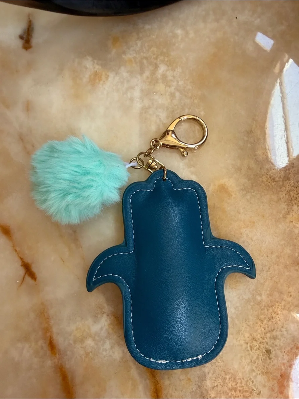 Teal Hamsa Keychain with Mint Pom Pom - Gold Hardware